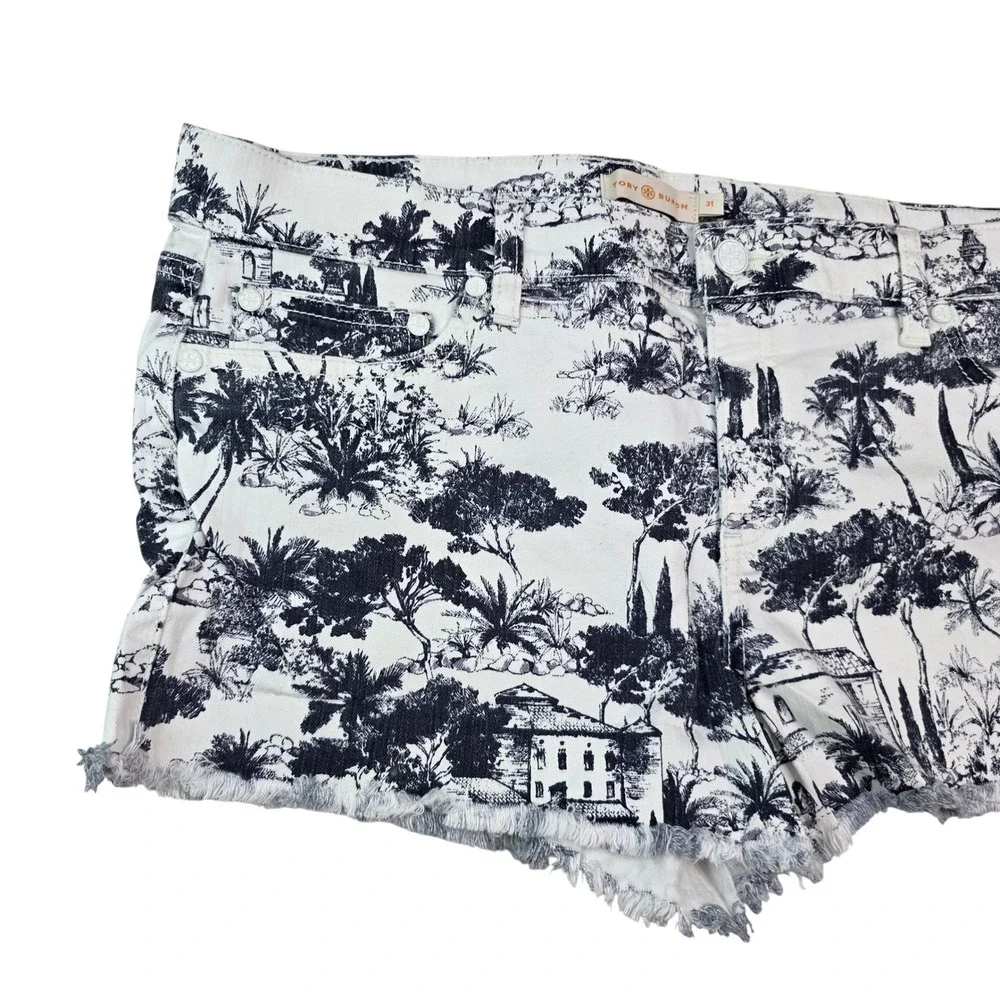 Tory‎ Burch Toile De Jouy Scenic Print Denim Shorts Navy Size 31 21151219 S1